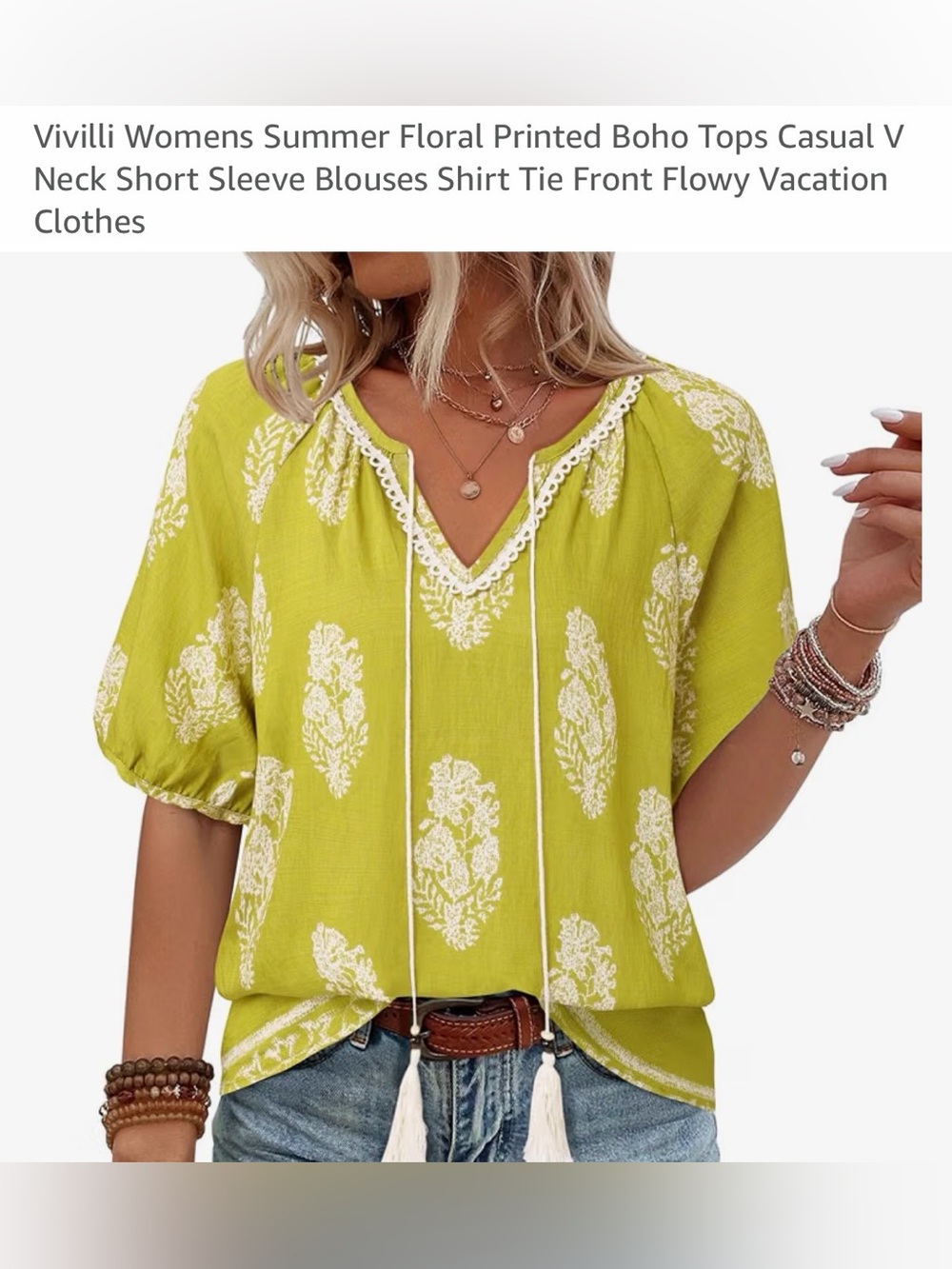 Vivilli Boho Floral Tie-Front Blouse - Lime Green